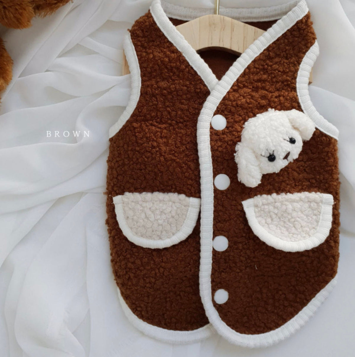 NKpup brown fleece dog vest with white trim and cute bear face detail