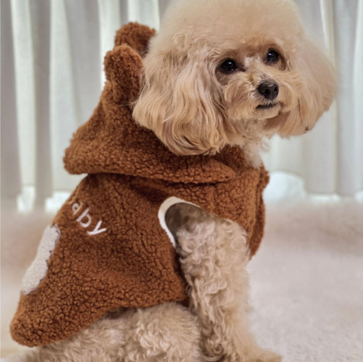 Brown Baby Bear fleece dog hoodie vest with white text detail