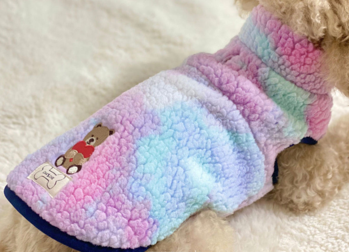 NKpup Bear Fleece Dog Vest in a pastel pink, blue, and purple tie-dye pattern with a bear patch.