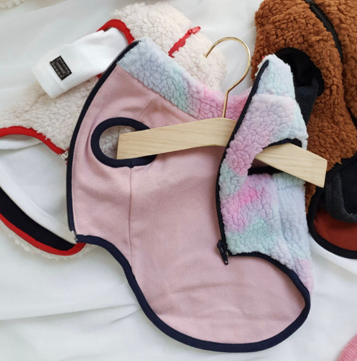 NKpup Bear Fleece Dog Vest in pink with pastel blue and green sherpa pattern