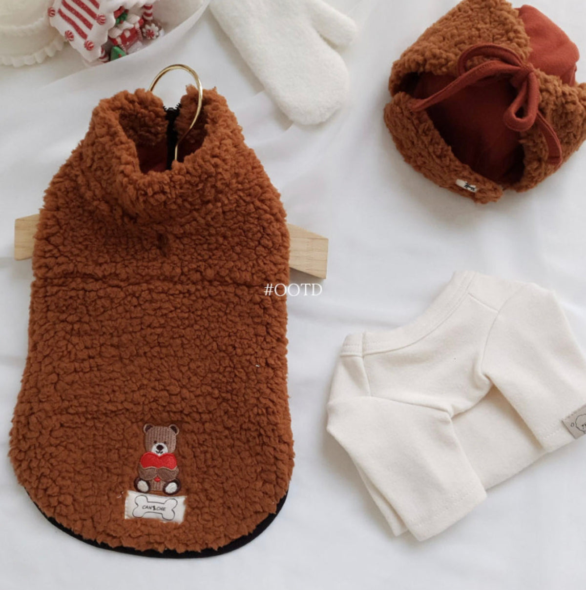 NKpup brown bear fleece dog vest with cute bear embroidery