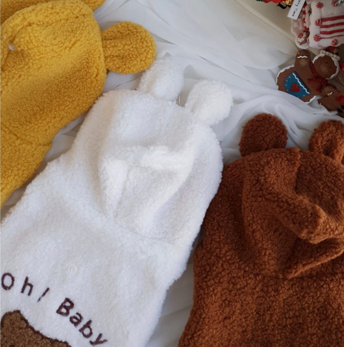NKpup Baby Bear Fleece Dog Hoodie Vests in yellow, white, and brown with cute bear ears.