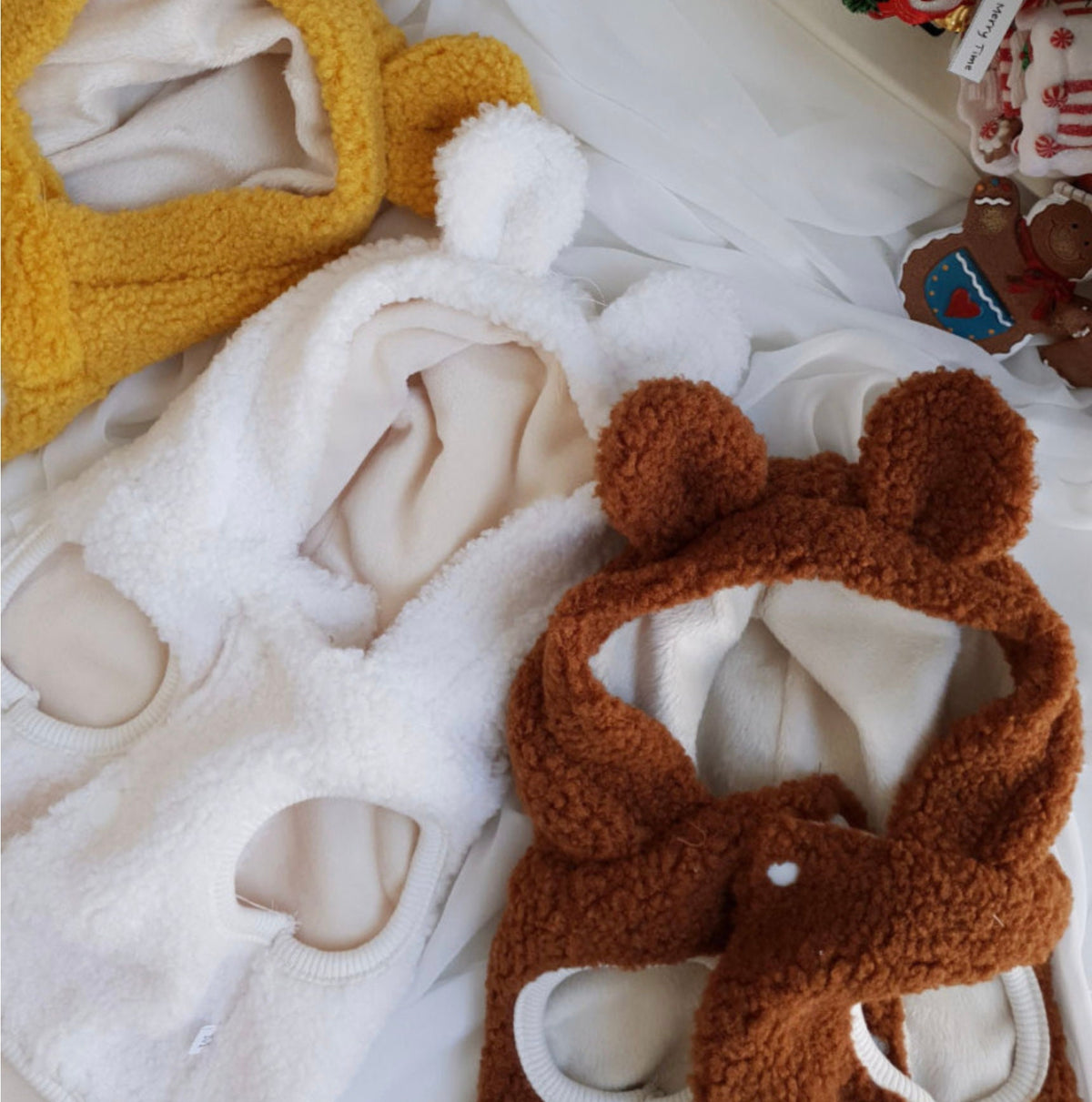 NKpup Baby Bear Fleece Dog Hoodie Vests in yellow, white, and brown