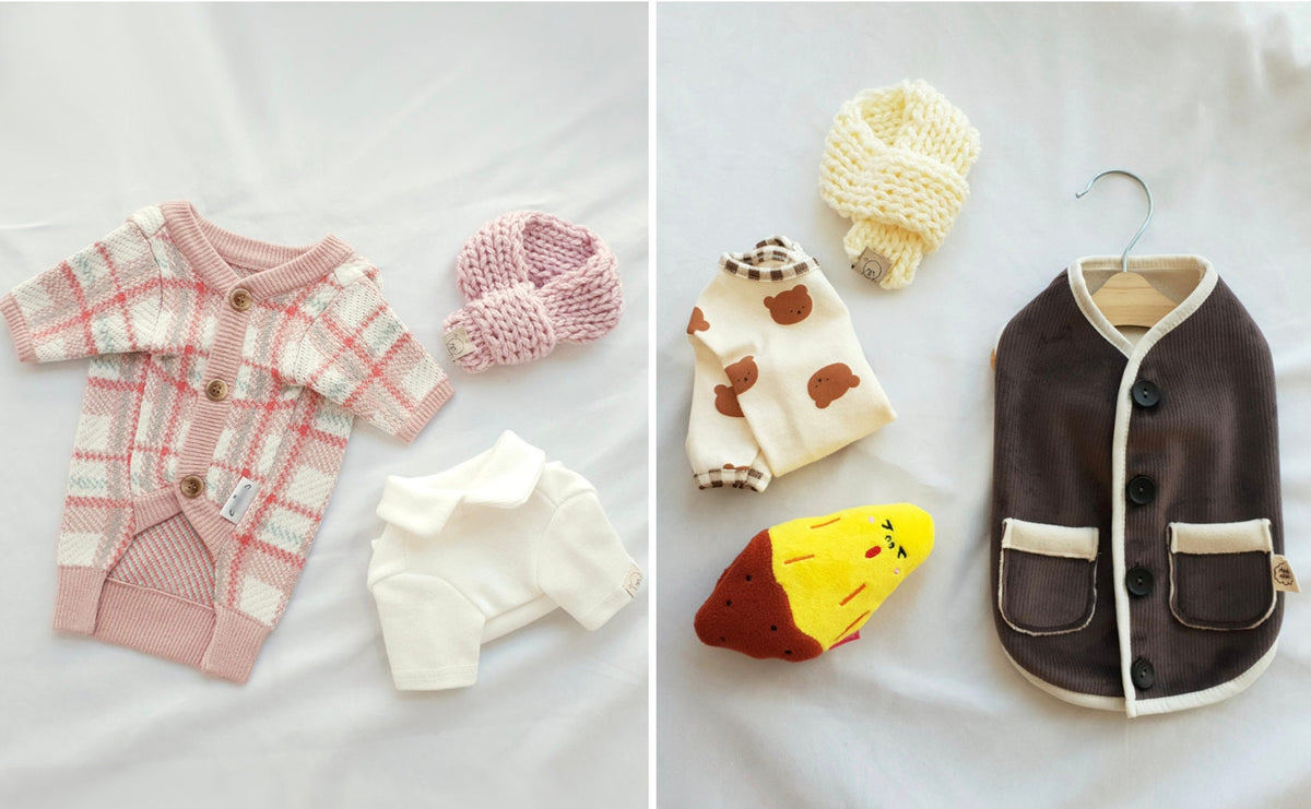 Collection of NKpup handmade knit pet apparel including sweaters, shirts, and scarves in pink and brown.