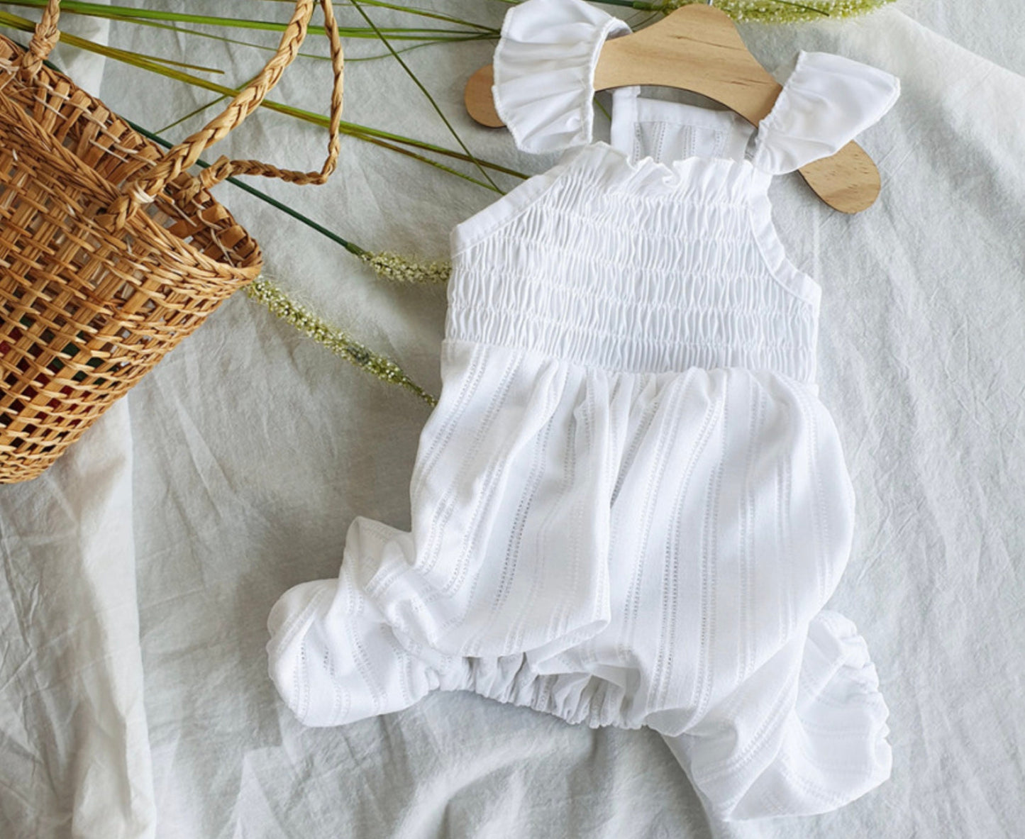 Smocked White Overall