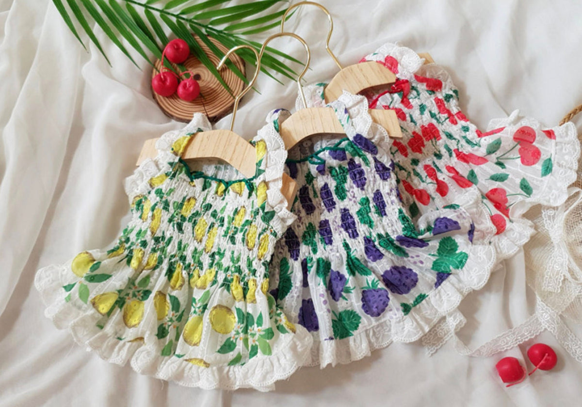 NKpup Fruits Dress collection featuring lemon, grape, and cherry patterns on white lace pet dresses.