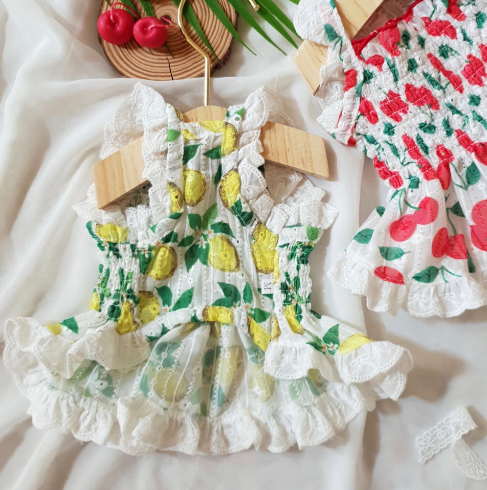 NKpup Fruits Dress featuring a yellow lemon print with white lace ruffles.