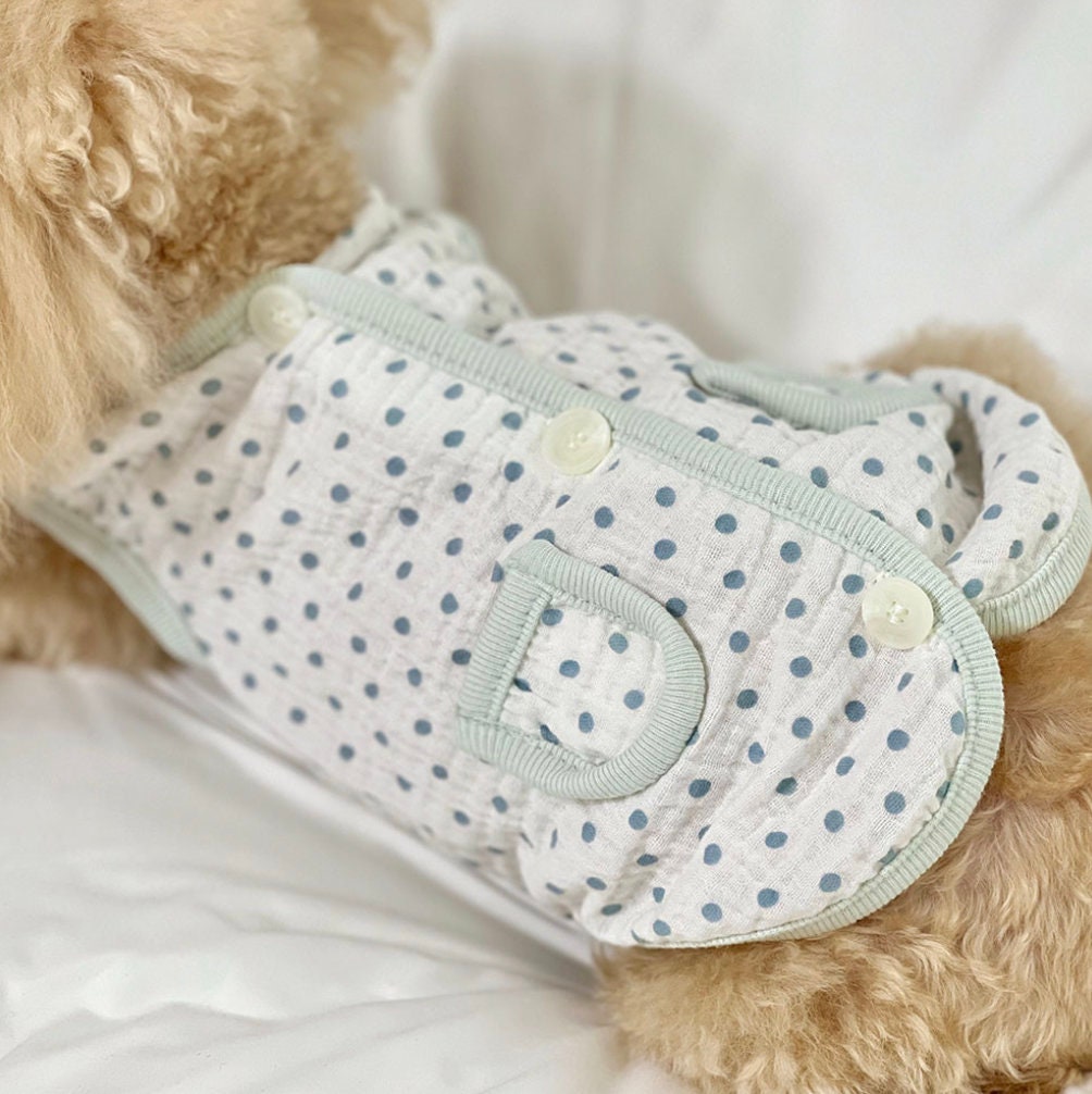 NKpup Polka Dot Crinkle Dog Vest in white with blue polka dots and light green trim