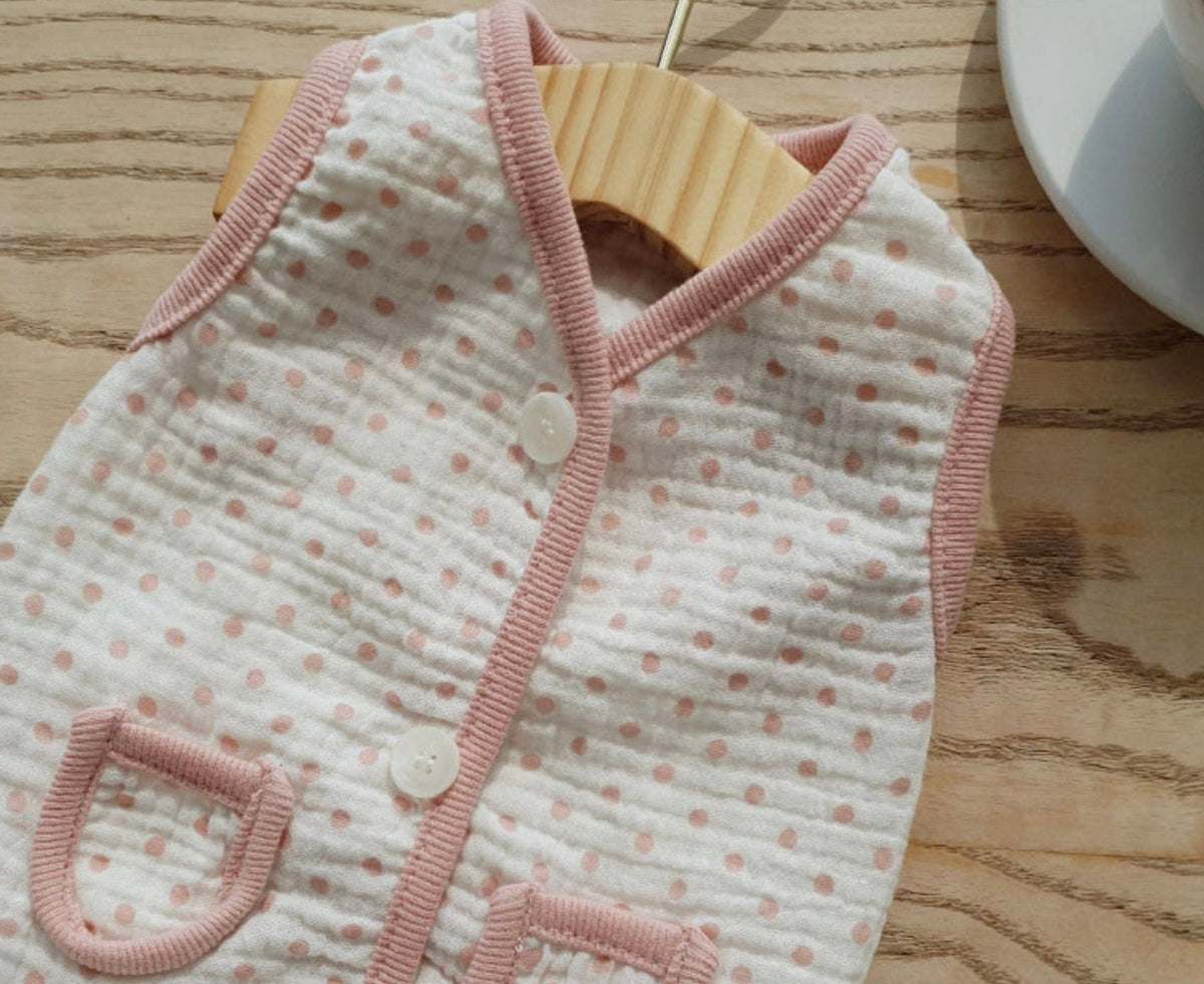 White and pink polka dot crinkle dog vest with button details