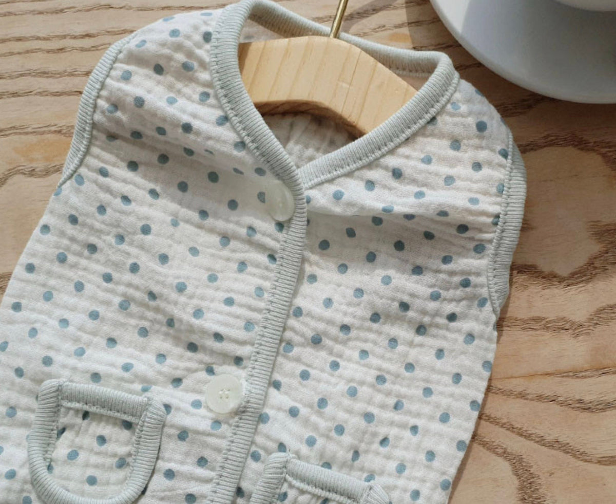 NKpup polka dot crinkle dog vest in white with blue dots