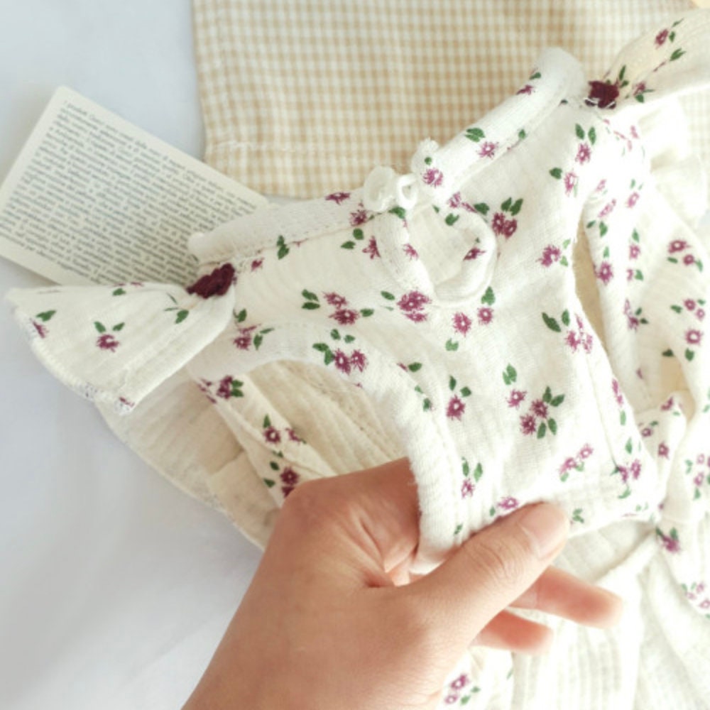 Floral ribbon dog dress in cream with purple flower pattern by NKpup