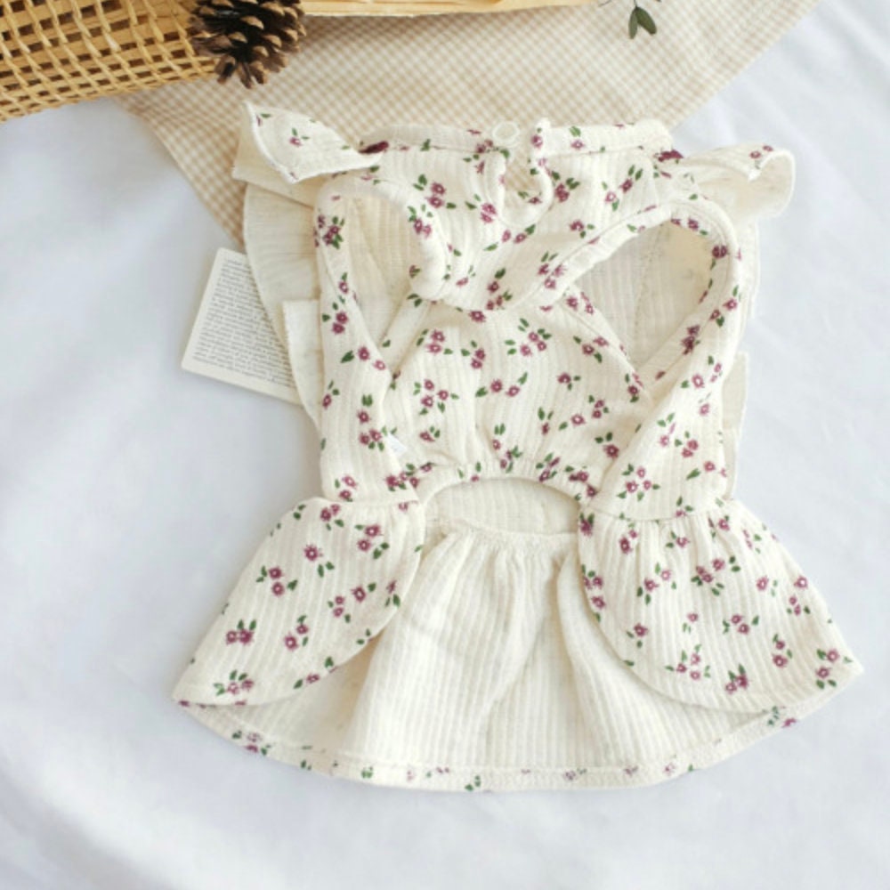 NKpup floral ribbon dog dress in cream with purple flower pattern