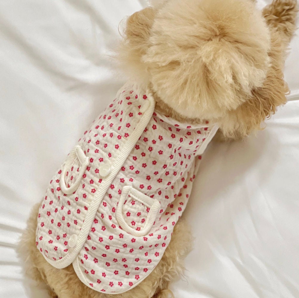 NKpup crinkle floral dog vest in white with red flower pattern