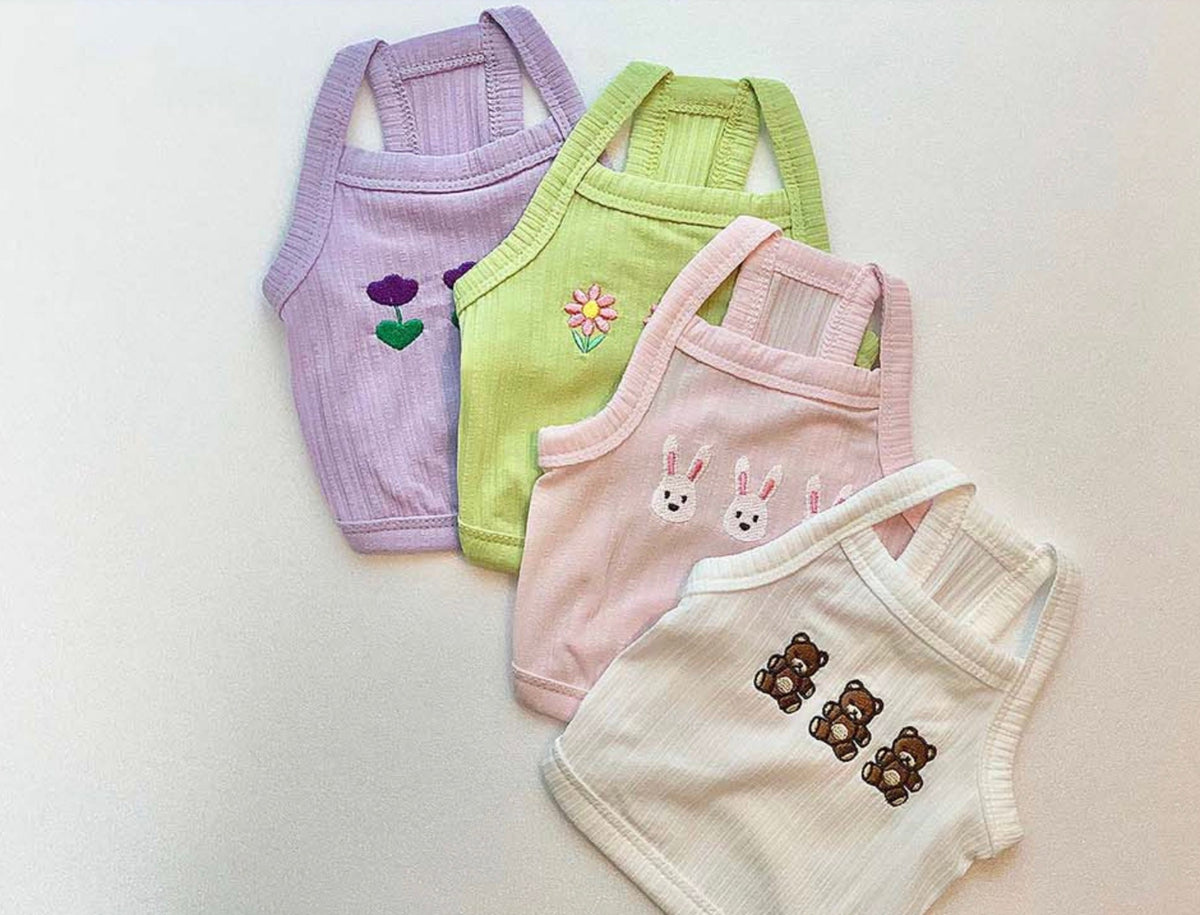NKpup Animal Garden dog crop tank tops in purple, lime, pink, and white with cute animal and flower embroidery