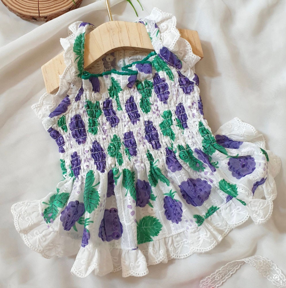 NKpup Fruits Dress with purple berry pattern and white lace ruffle trim