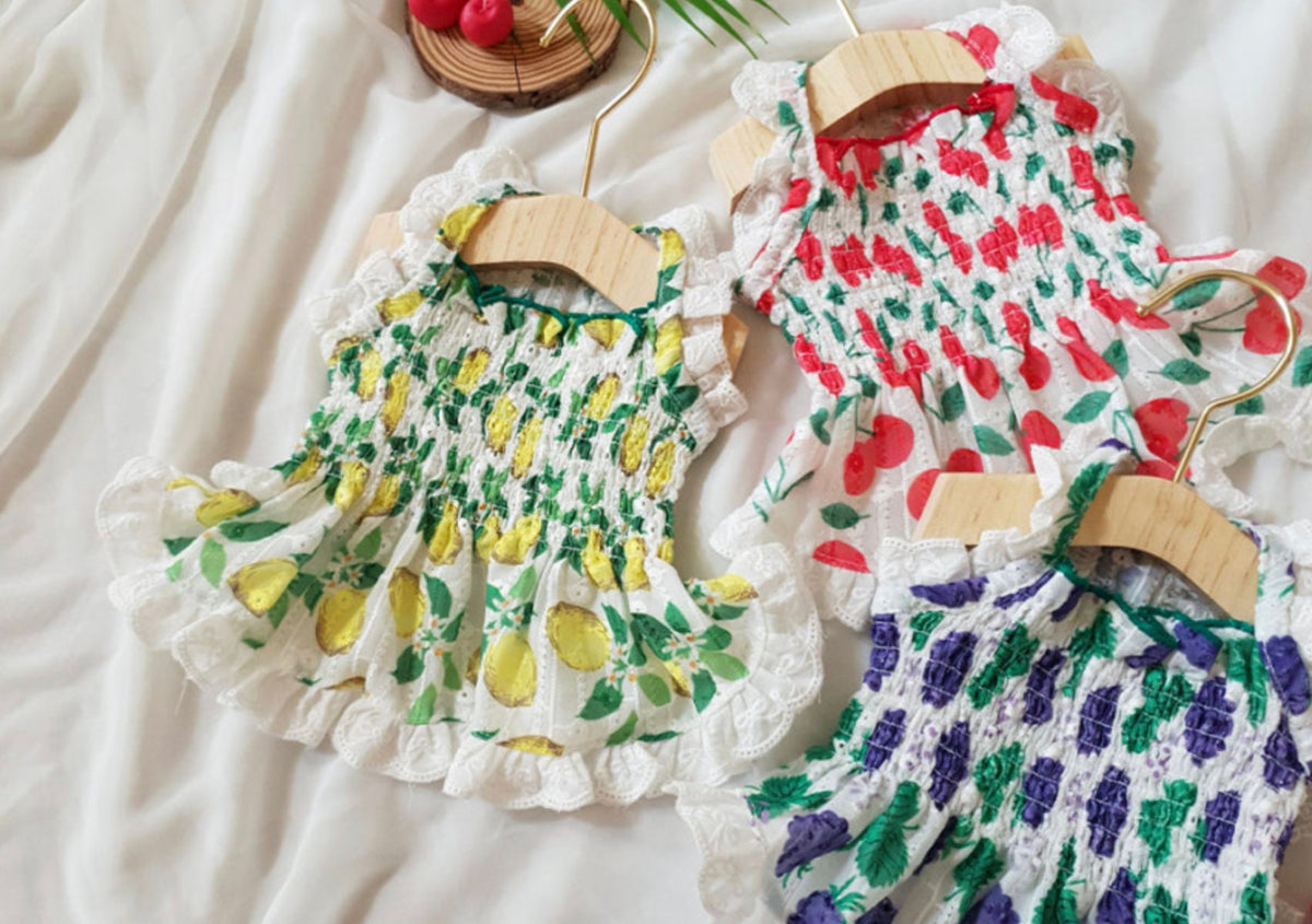 NKpup Fruits Dress collection featuring lemon, strawberry, and grape pattern pet dresses with lace trim.
