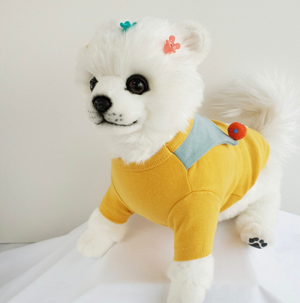 NKpup yellow ball collar dog shirt with a light blue accent panel and red decorative ball