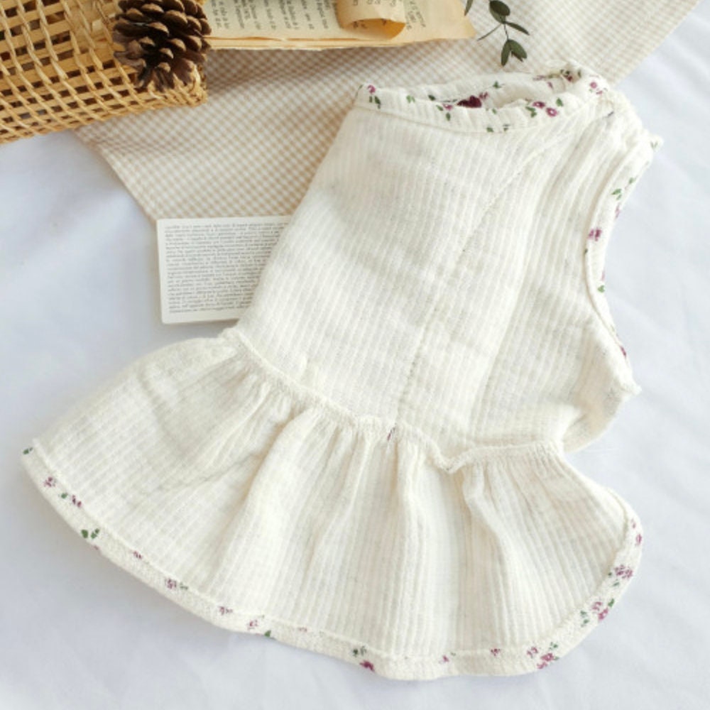 NKpup Floral Ribbon Dog Dress in cream textured fabric with small floral patterns