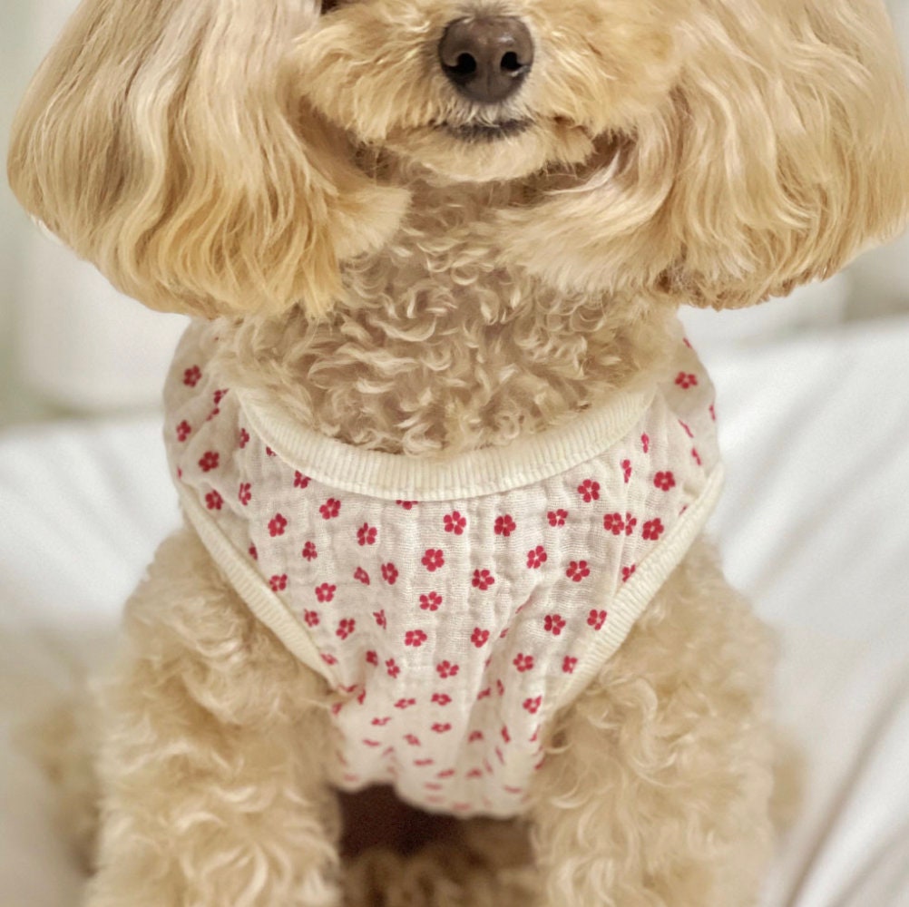 White crinkle floral dog vest with small red flower pattern
