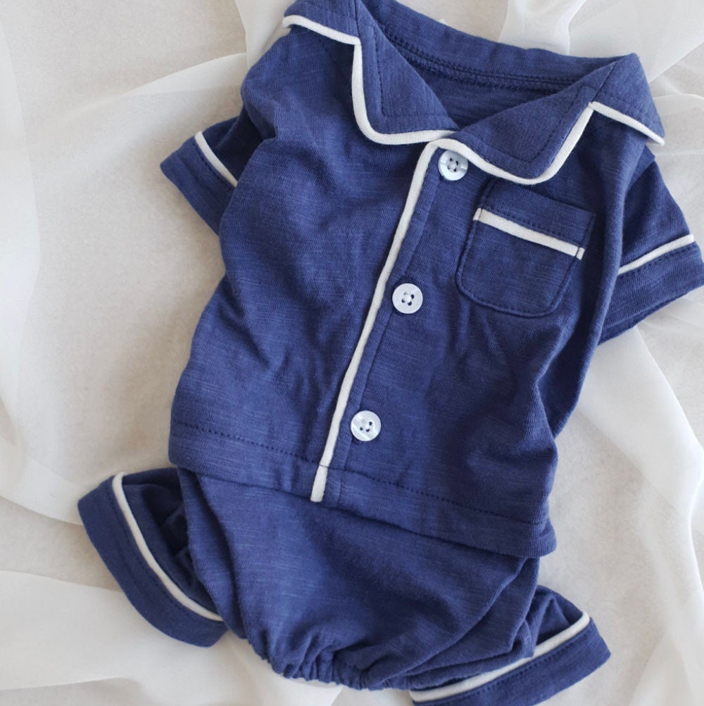 NKpup solid navy blue dog pajamas overall with white piping and button details
