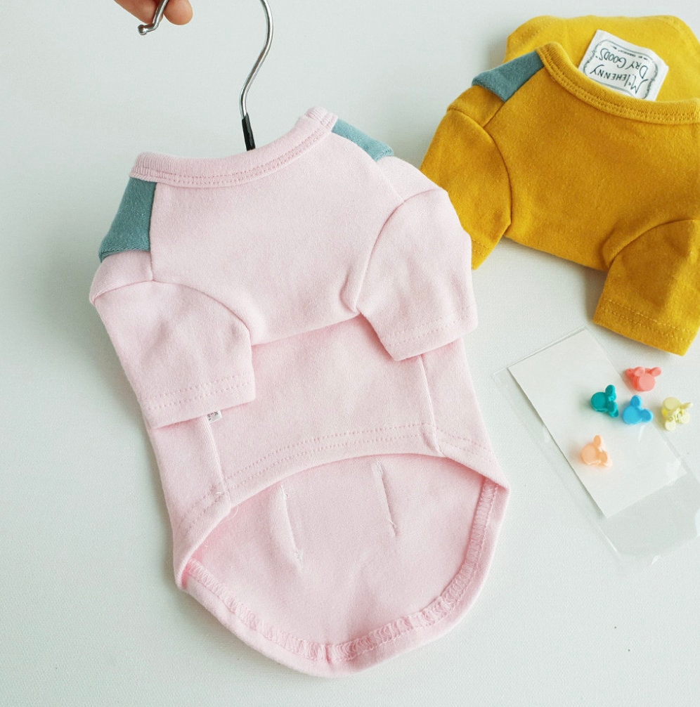 NKpup Ball Collar Dog Shirt in pink and yellow with grey accent shoulder panels.