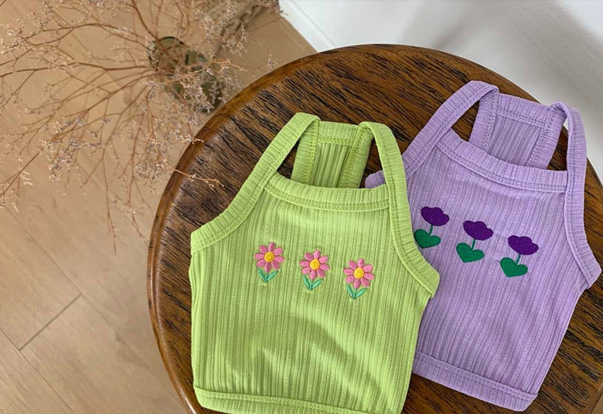 NKpup Animal Garden dog crop tank tops in lime green and purple with flower embroidery