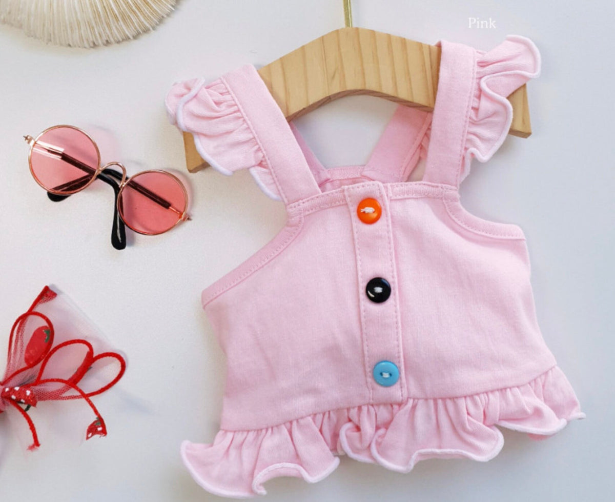 NKpup pink frilled dog crop top with colorful buttons and ruffled trim