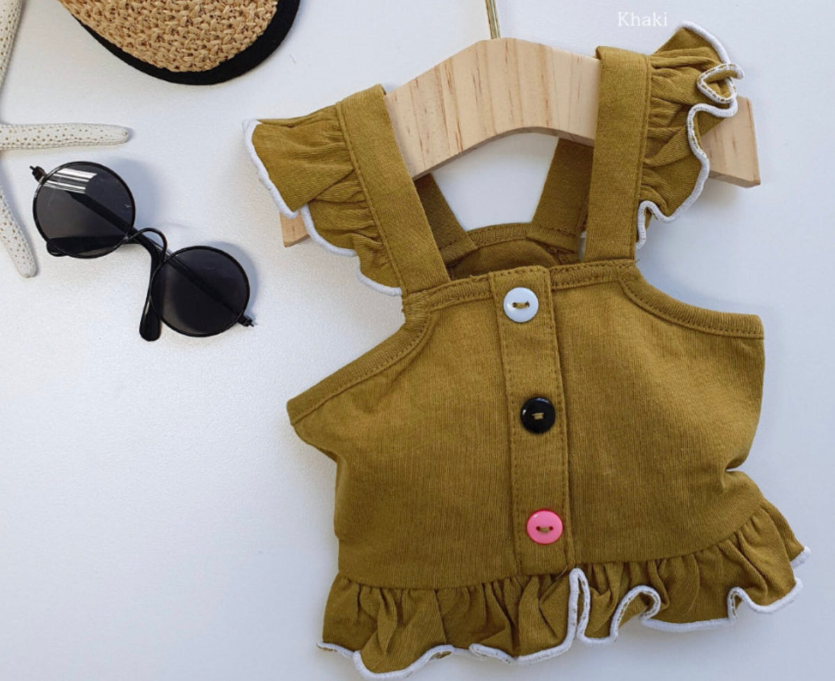 NKpup khaki frilled dog crop top with decorative buttons and white trim