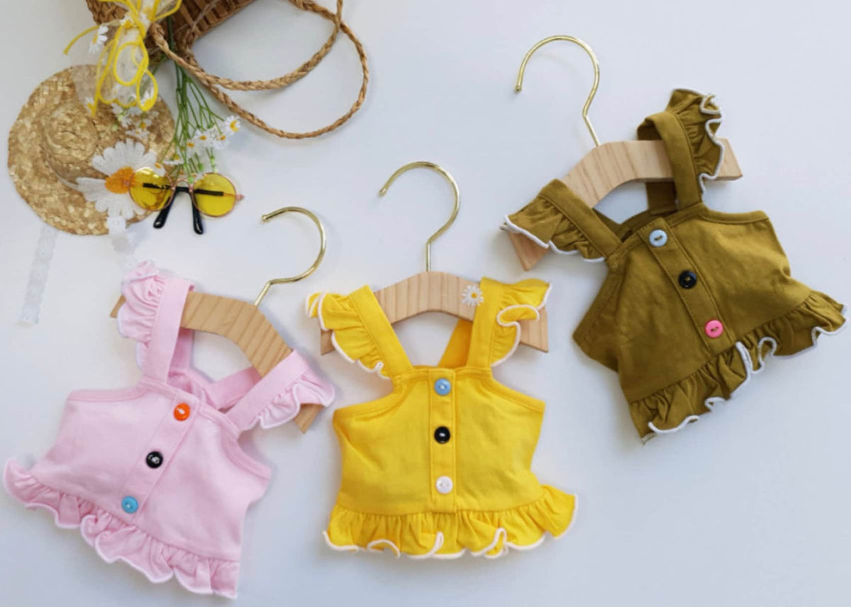 NKpup frilled dog crop tops in pink, yellow, and olive green with colorful buttons