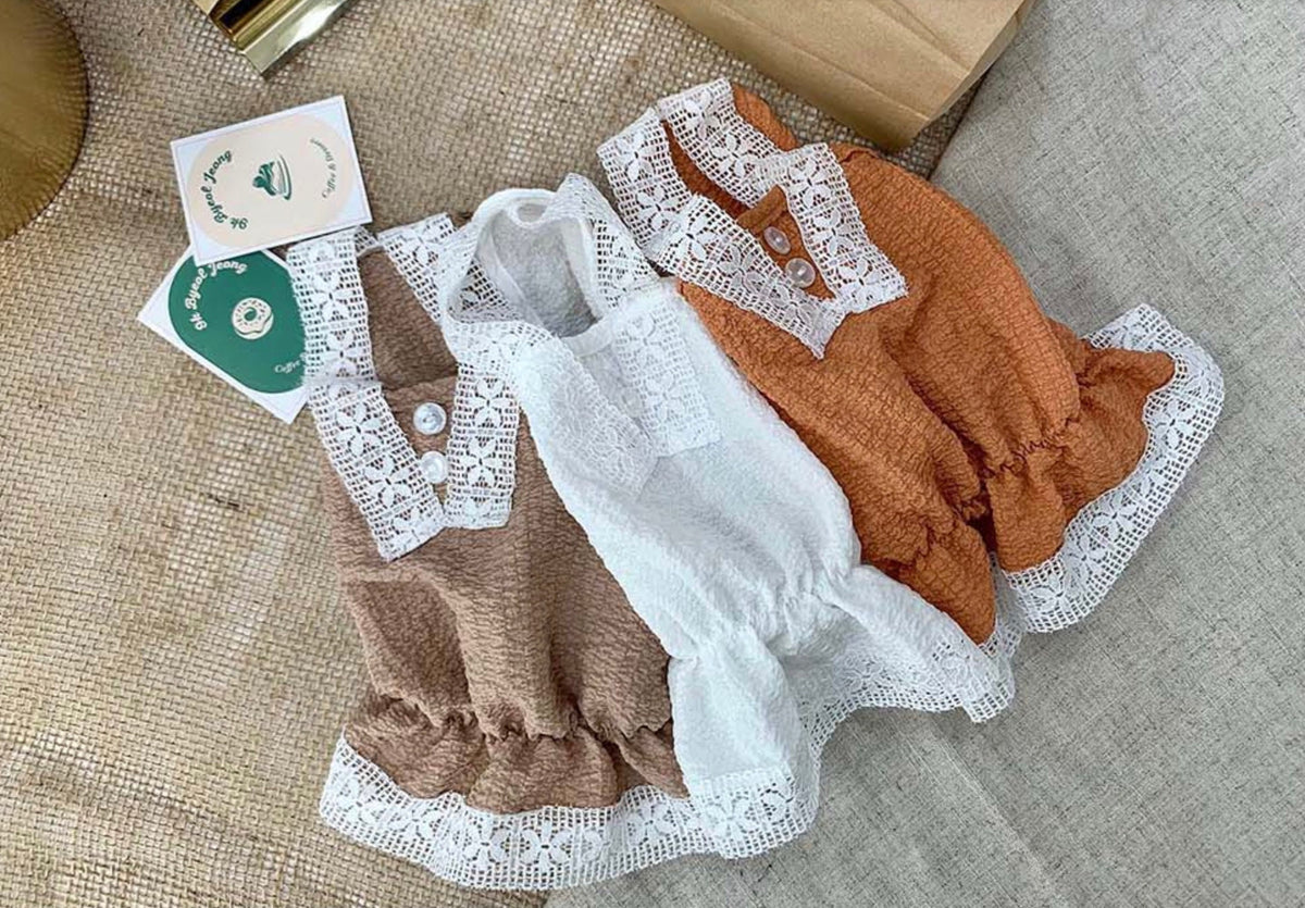 Set of three sleeveless lace-trimmed pet dresses in brown, white, and orange.
