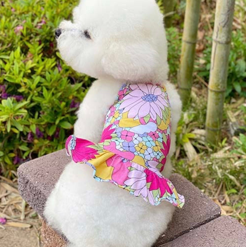 NKpup cotton floral dog dress with pink and purple flower patterns and a ruffled hem