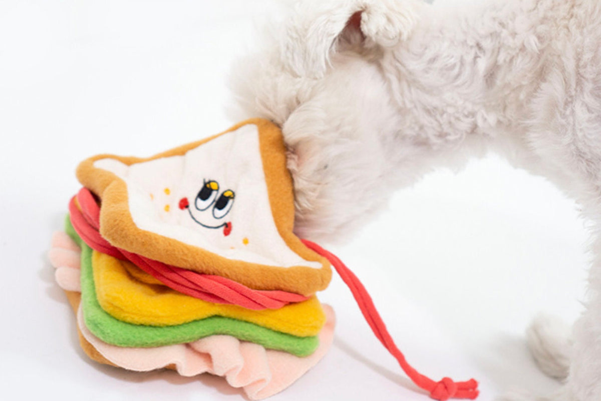NKpup Snuffle Sandwich dog toy with colorful plush layers and a cute face design
