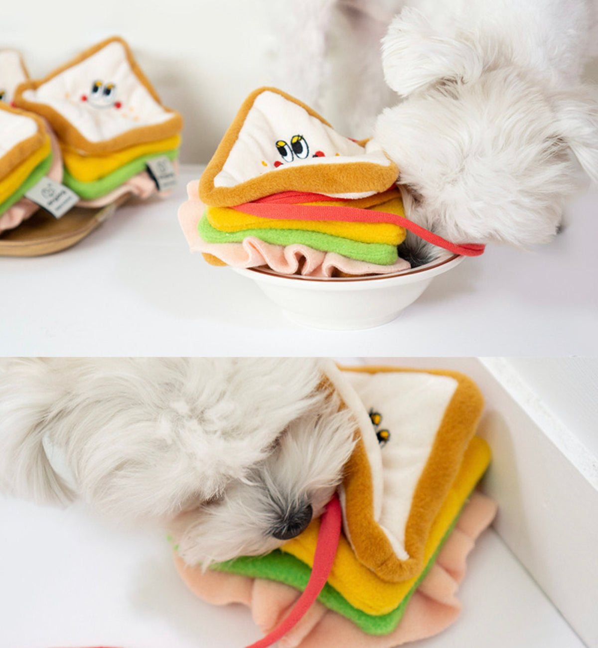Snuffle Sandwich Dog Toy with colorful plush layers and a cute character face