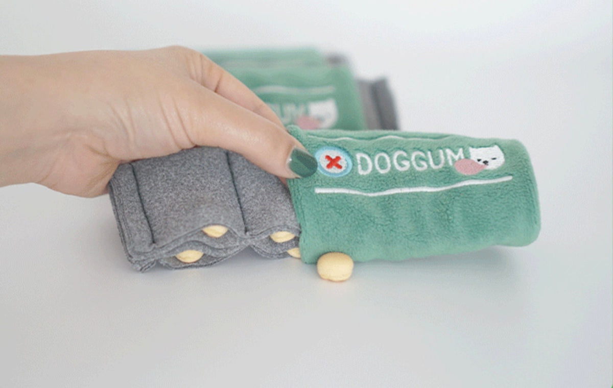 NKpup Snuffle Chewing Gum dog toy in mint green and grey fabric.