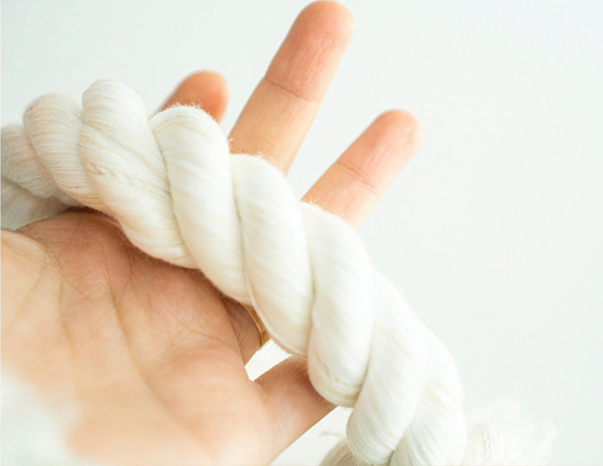 White braided rope dog toy held in a hand.