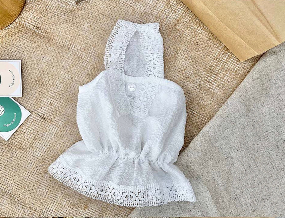 White lace pet dress with a sleeveless hooded design and ruffled hem