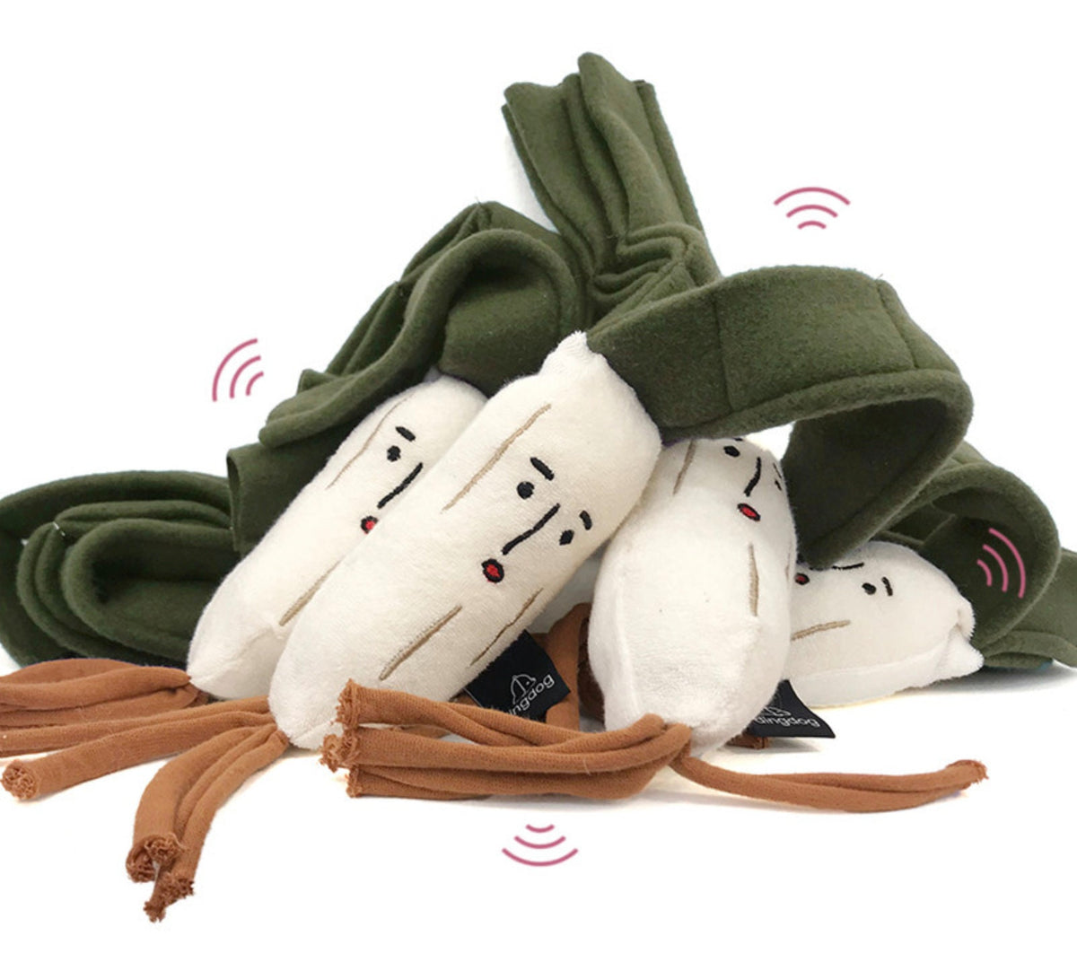 NKpup Snuffle Green Onion Dog Toy with white plush bodies and green fabric tops.