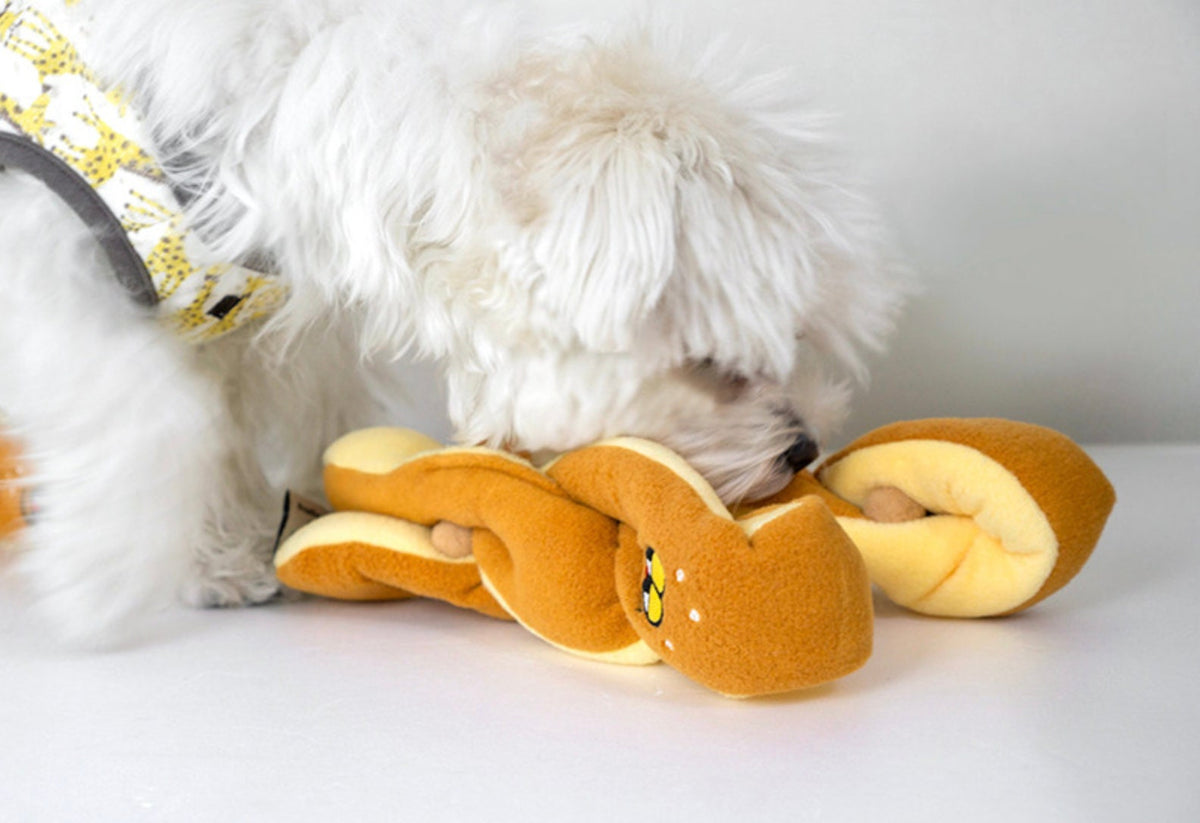 NKpup Snuffle Pretzel Dog Toy in yellow and tan plush fabric