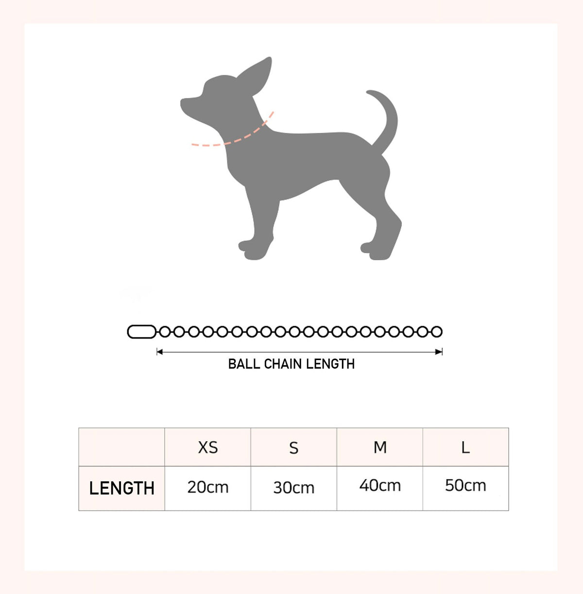 Size chart for NKpup personalized dog tag pendant ball chain lengths from XS to L.