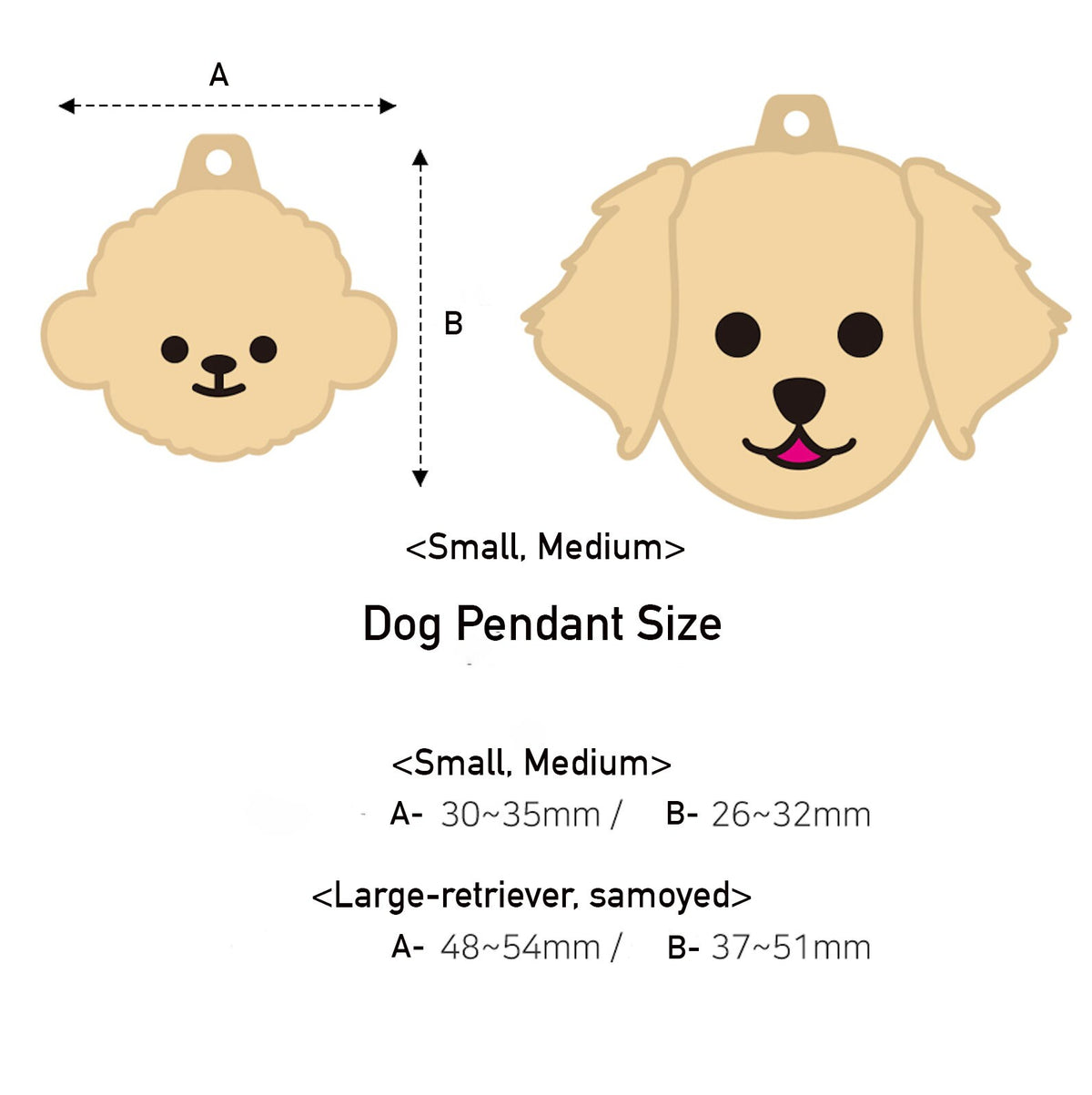Size guide for NKpup personalized dog tag pendant in small, medium, and large dimensions.