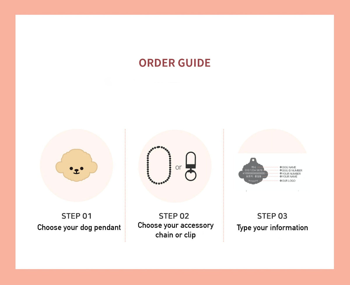 Order guide for a personalized dog tag pendant with custom chain, clip, and engraved information.