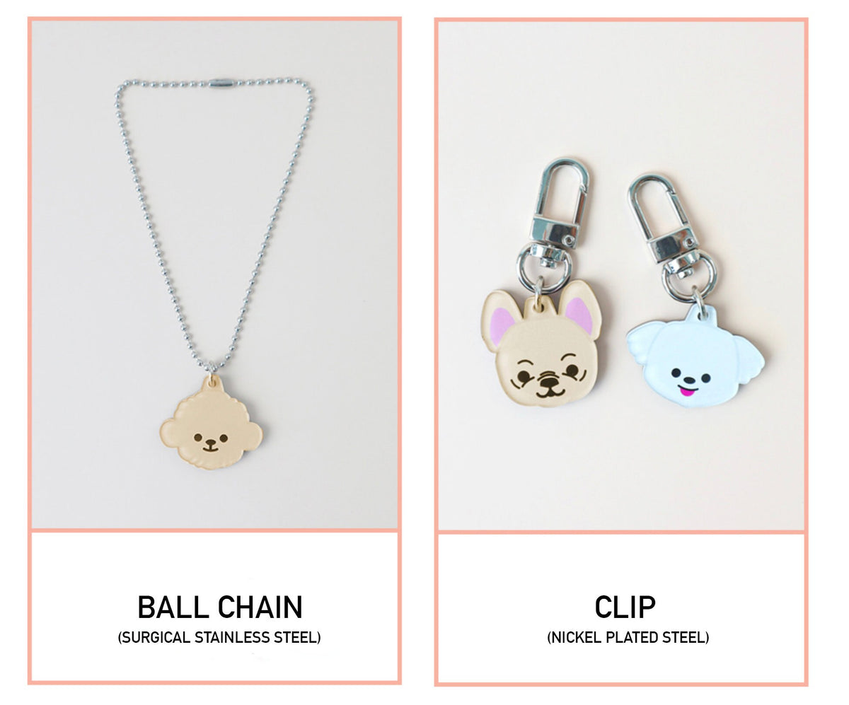 Personalized dog tag pendant options featuring a silver ball chain and metal clips with cute dog illustrations.