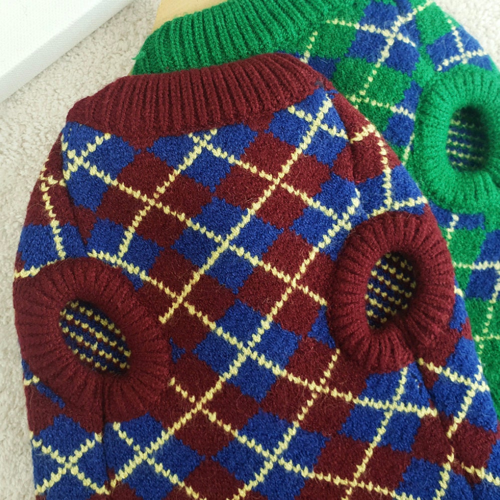 NKpup vintage argyle knit dog vest in burgundy, blue, and yellow.