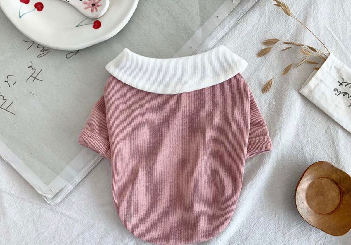 NKpup pink ribbed dog t-shirt with a white round collar