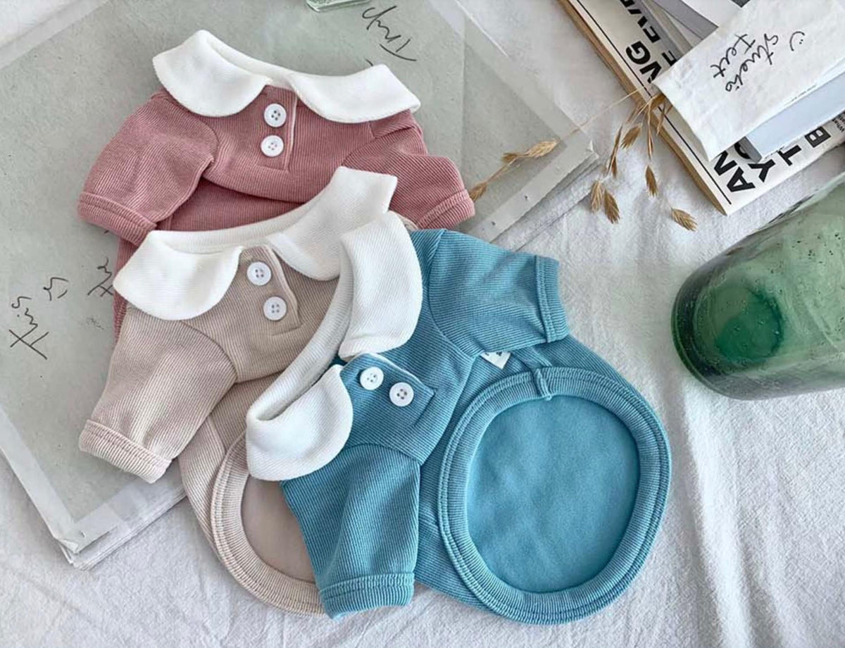 NKpup round collar t-shirts for dogs in pink, beige, and blue with white collars and buttons