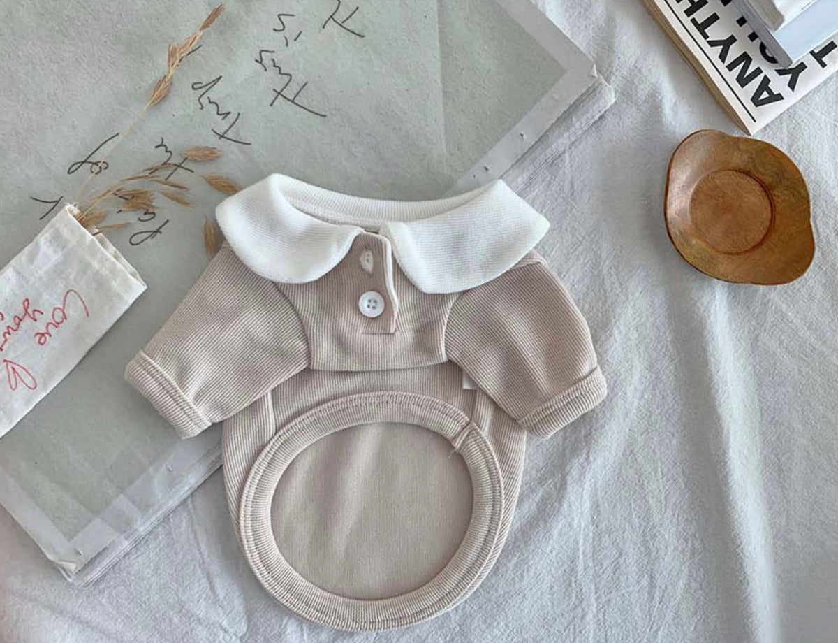NKpup beige ribbed round collar t-shirt for dogs with white Peter Pan collar and button details