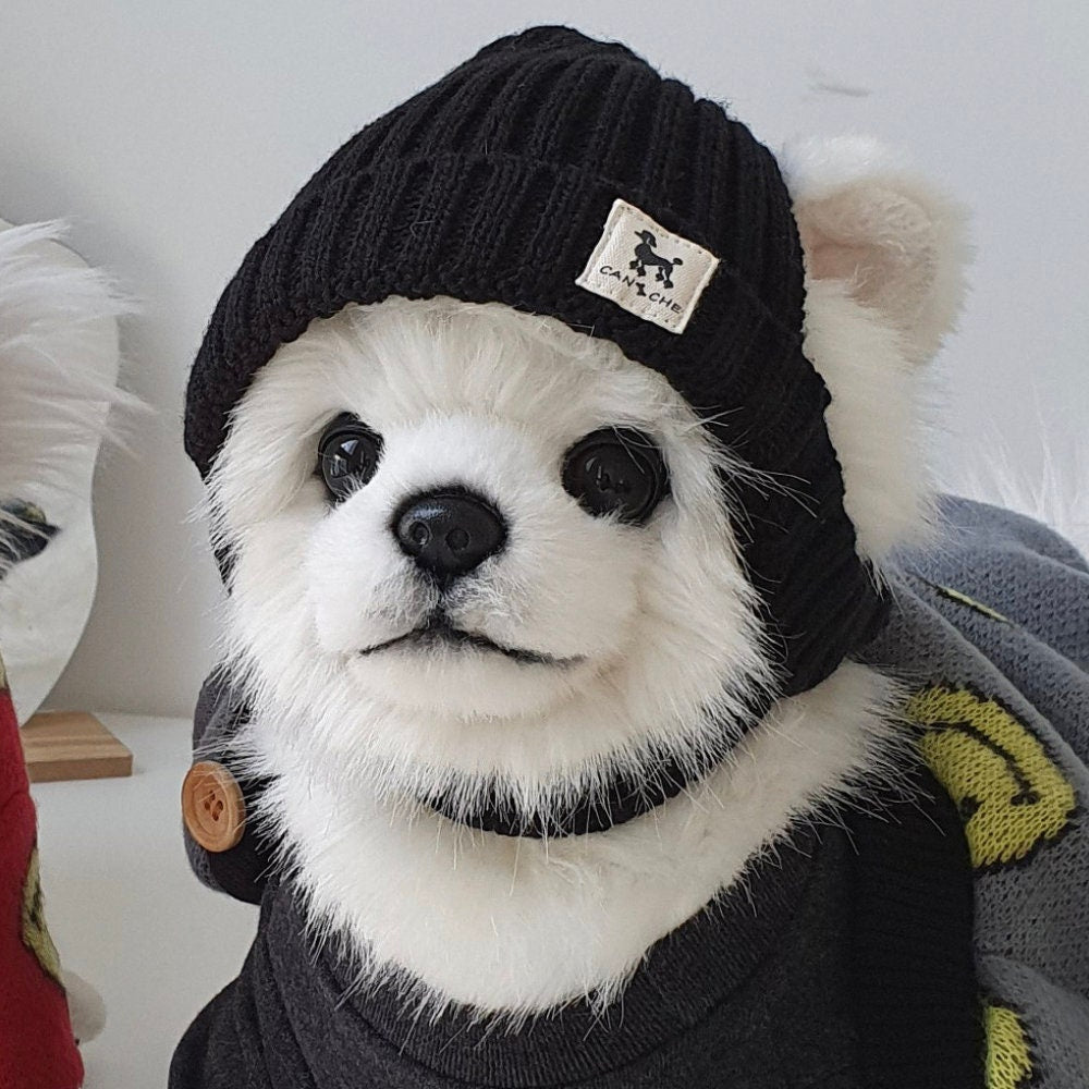 NKpup black ribbed cuff dog beanie with a small white logo patch.
