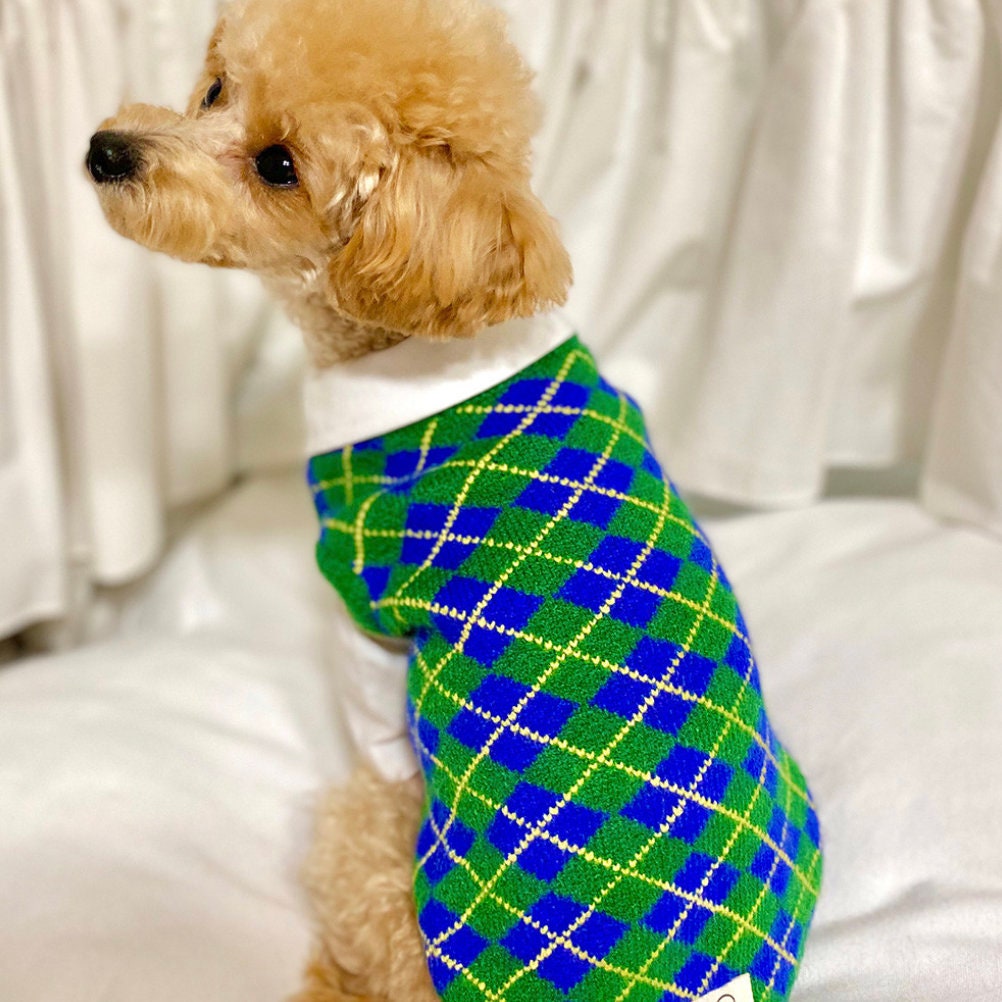 NKpup Vintage Argyle Knit Dog Vest in green and blue with a white collar