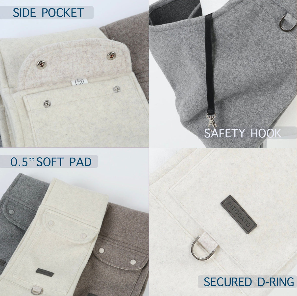 Wool pet sling carrier featuring a side pocket, safety hook, soft pad, and secured D-ring.