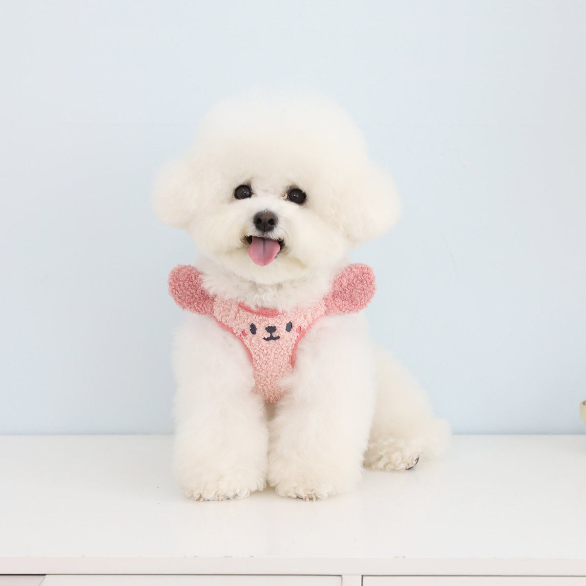 NKpup pink mesh fleece harness with a cute bear face design